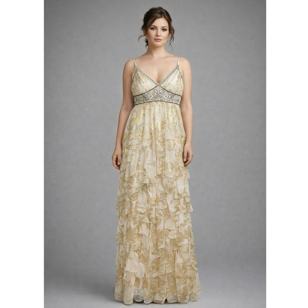 Sue Wong Gold Silk Silver Beaded Maxi Gown Sz 10 Empire Waist Art Deco Ethereal
